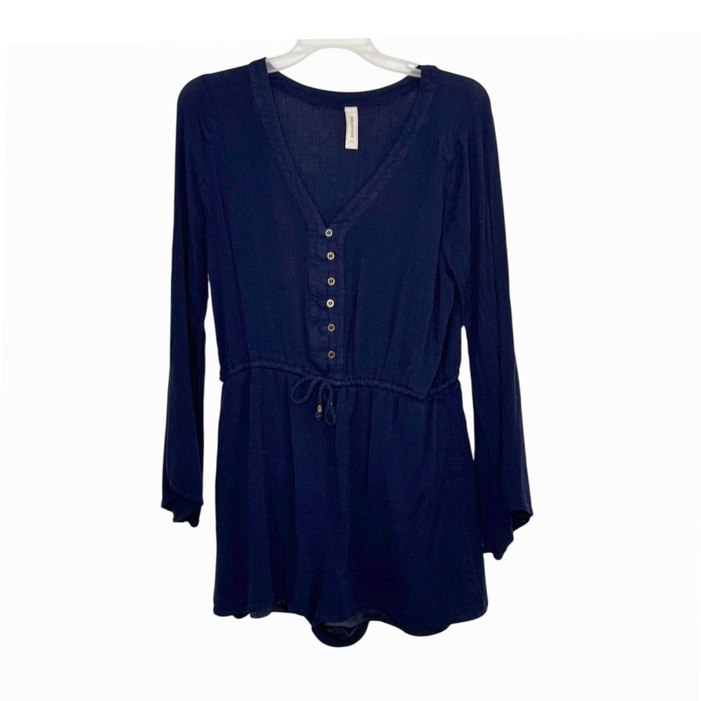 Peppermint Navy Blue Long Sleeve Romper Button Front Drawstring Waist Large